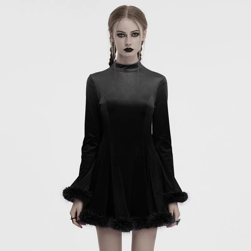 Gothic-Samtkleid mit hohem Kragen und Pelzmanschetten für Damen, Schwarz