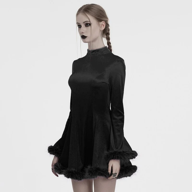 Gothic-Samtkleid mit hohem Kragen und Pelzmanschetten für Damen, Schwarz