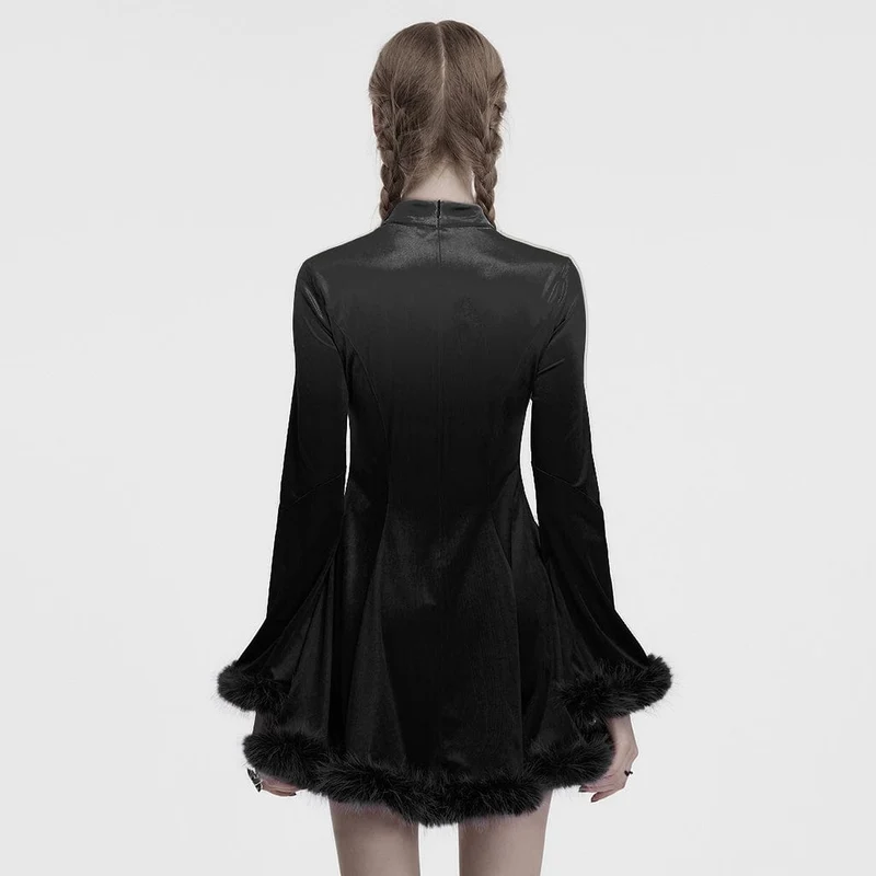 Gothic-Samtkleid mit hohem Kragen und Pelzmanschetten für Damen, Schwarz