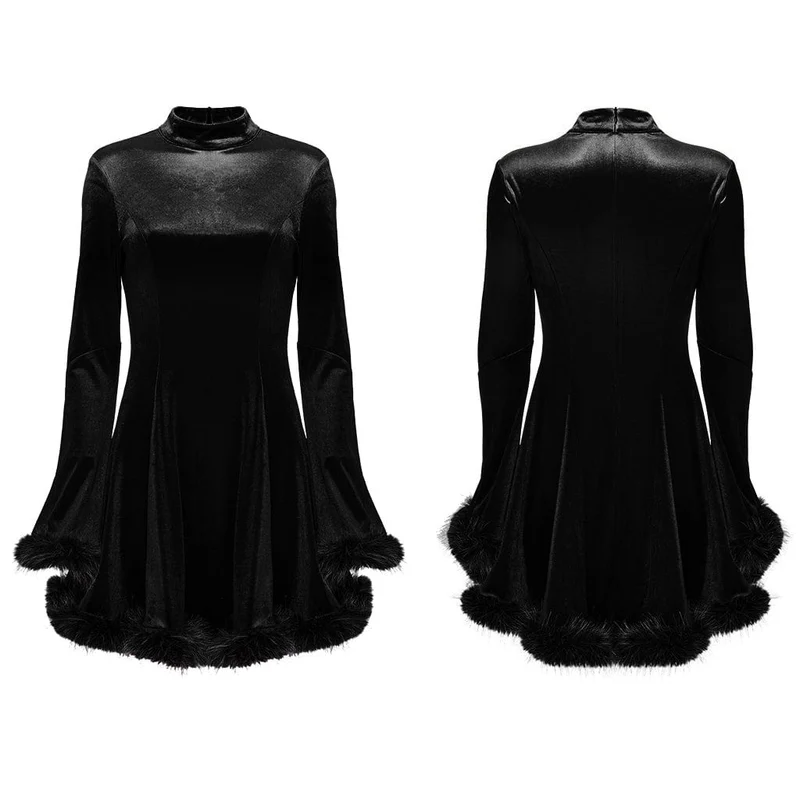 Gothic-Samtkleid mit hohem Kragen und Pelzmanschetten für Damen, Schwarz