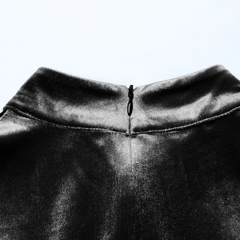 Gothic-Samtkleid mit hohem Kragen und Pelzmanschetten für Damen, Schwarz