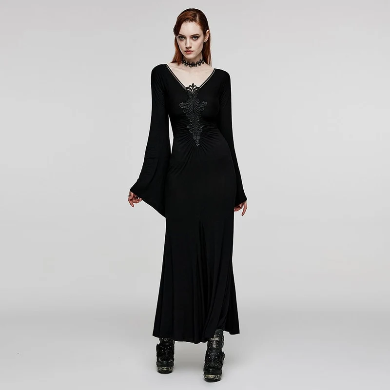 Damen-Brautkleid im Gothic-Stil mit tiefem Ausschnitt und Blumenstickerei