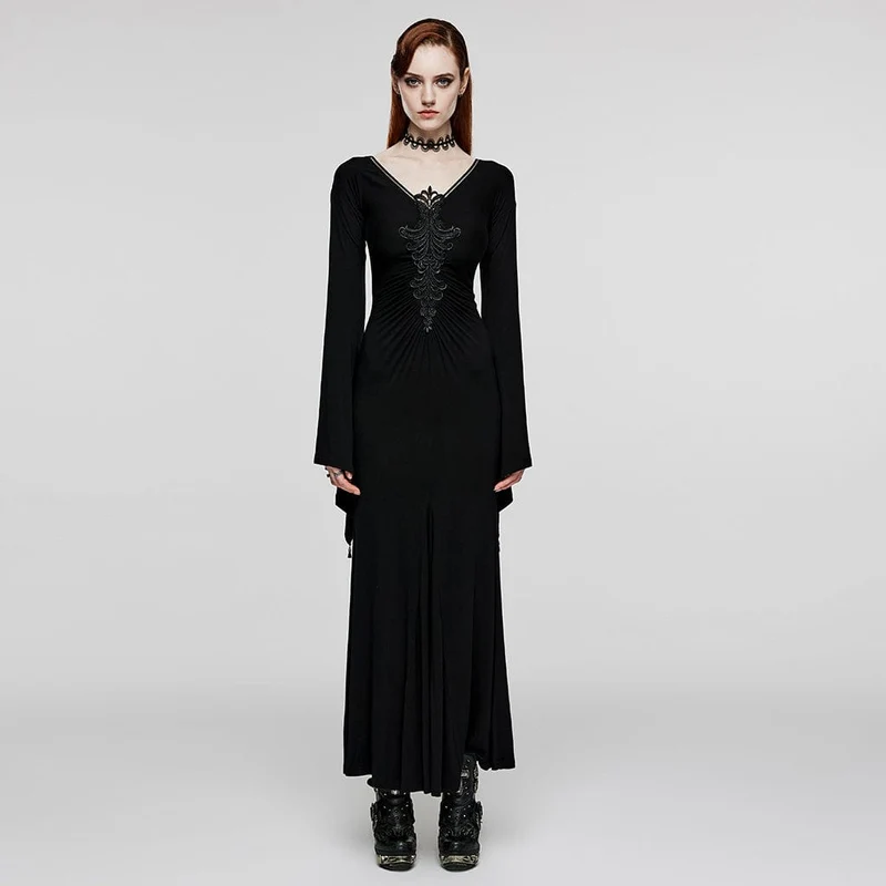 Damen-Brautkleid im Gothic-Stil mit tiefem Ausschnitt und Blumenstickerei