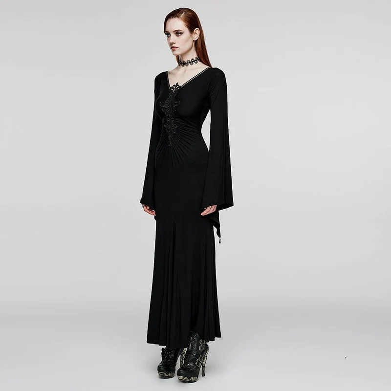 Damen-Brautkleid im Gothic-Stil mit tiefem Ausschnitt und Blumenstickerei