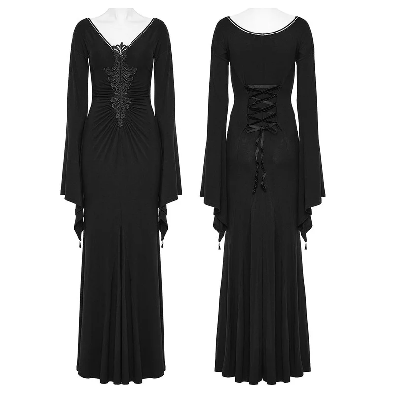 Damen-Brautkleid im Gothic-Stil mit tiefem Ausschnitt und Blumenstickerei