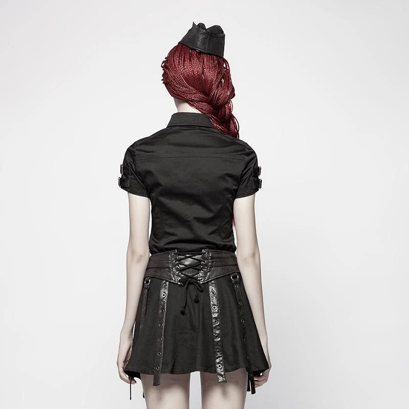 Schwarzes Punk-Militärhemd mit Umlegekragen für Damen, kurzärmelig