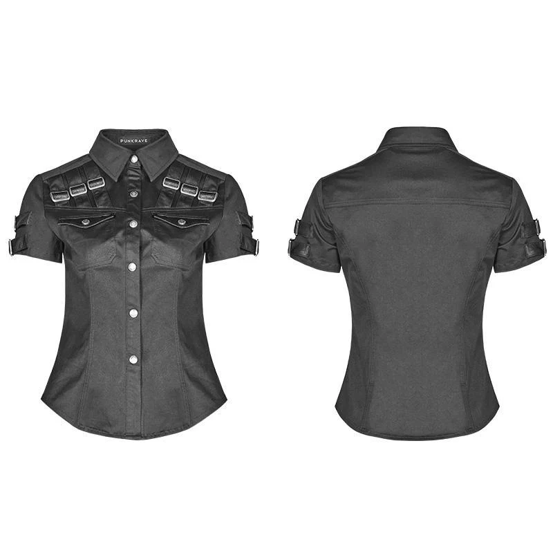 Schwarzes Punk-Militärhemd mit Umlegekragen für Damen, kurzärmelig