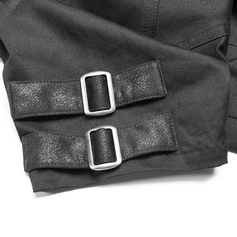 Schwarzes Punk-Militärhemd mit Umlegekragen für Damen, kurzärmelig