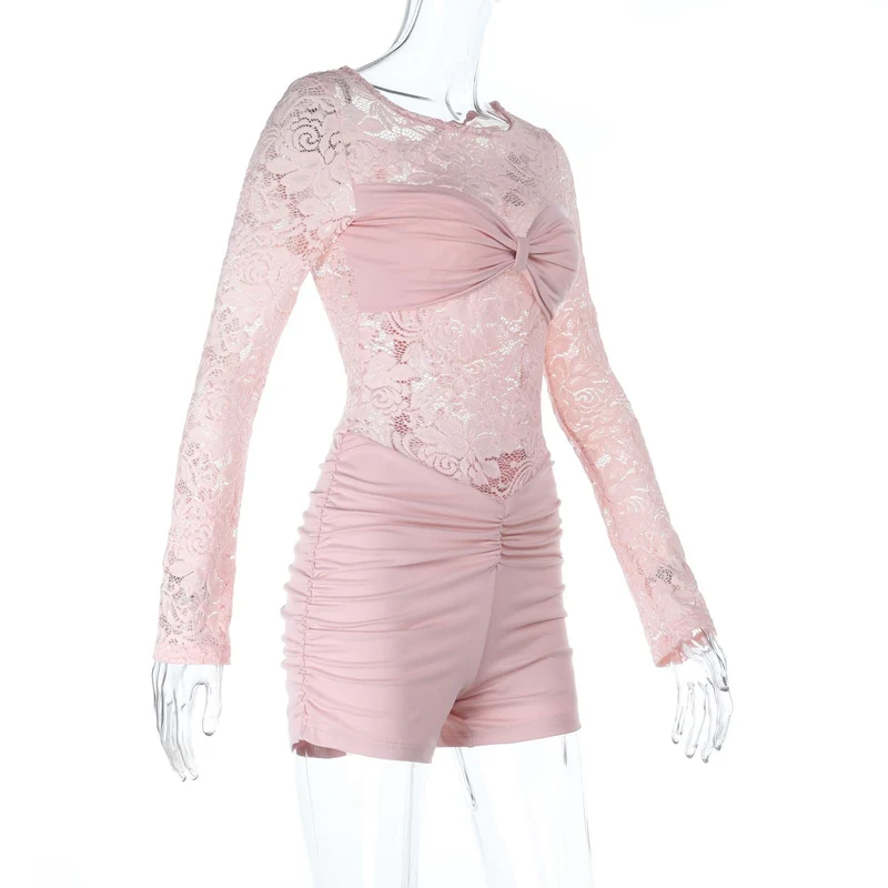 Lace long sleeve round neck ruched zip-up romper