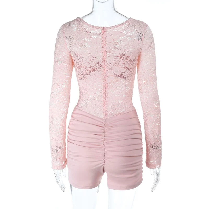Lace long sleeve round neck ruched zip-up romper