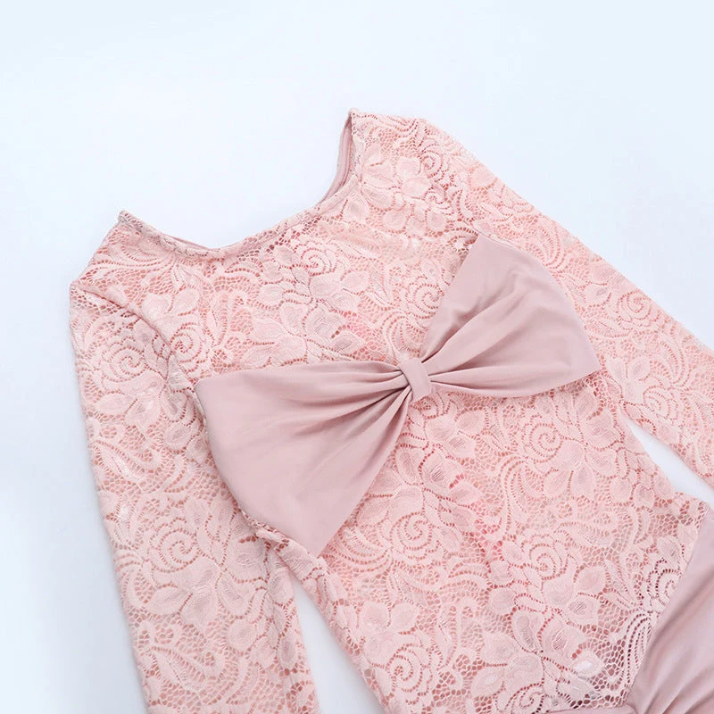 Lace long sleeve round neck ruched zip-up romper