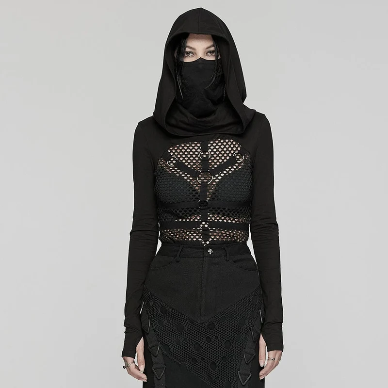 Transparente Punk-Mesh-Splice-Kapuzenpullover für Damen