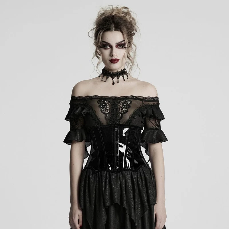 Damen Gothic Lackleder Unterbrustkorsett Schwarz