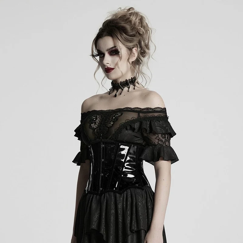 Damen Gothic Lackleder Unterbrustkorsett Schwarz