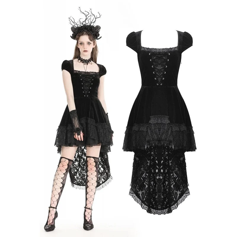Damen-Gothic-Kleid aus Samt mit hohem/niedrigem Spitzenspleiß