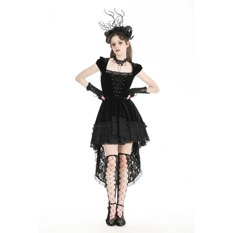 Damen-Gothic-Kleid aus Samt mit hohem/niedrigem Spitzenspleiß