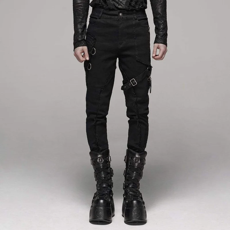 Herren Goth Ripped Straps Röhrenjeans mit Taillenkette