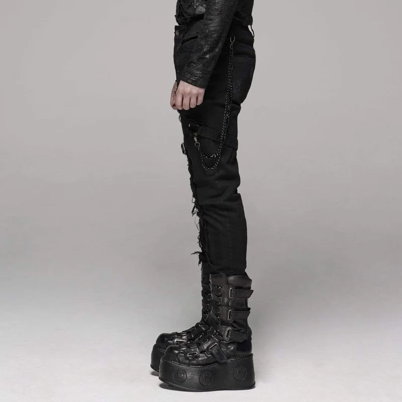 Herren Goth Ripped Straps Röhrenjeans mit Taillenkette