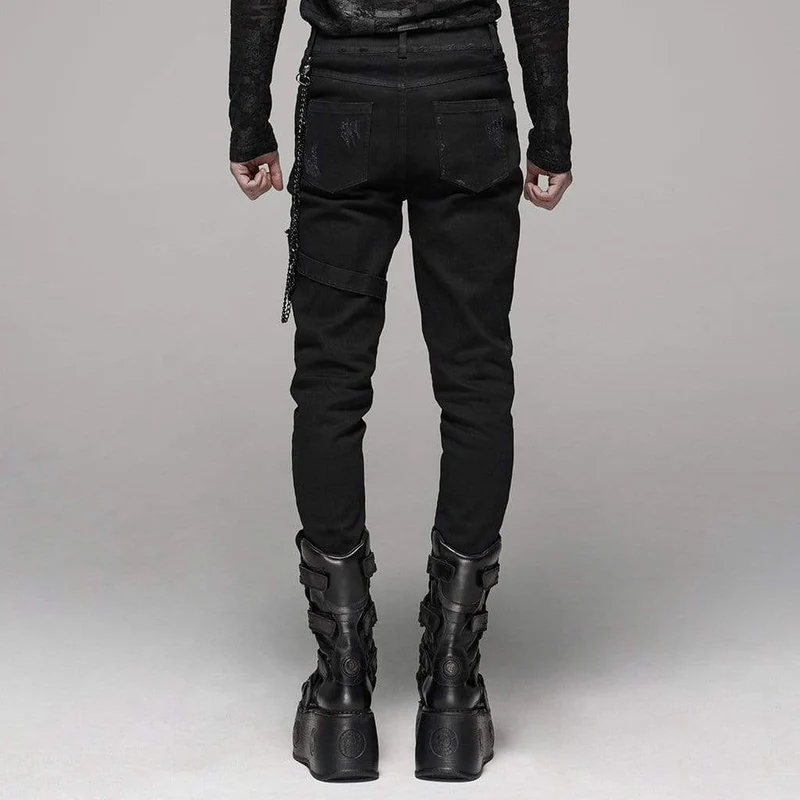Herren Goth Ripped Straps Röhrenjeans mit Taillenkette