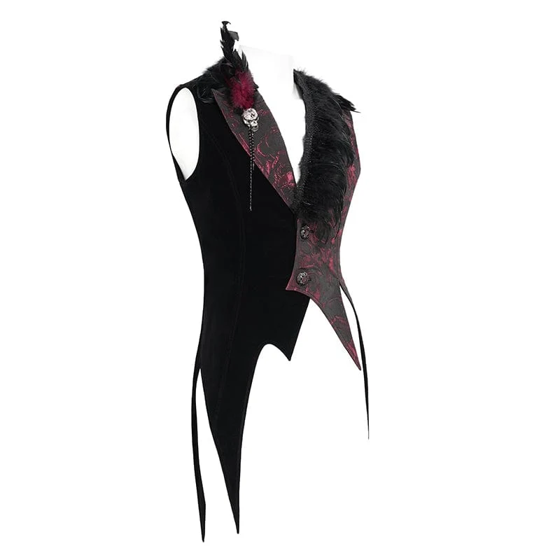 Gothic-Weste für Herren mit unregelmäßigem Rosendruck in Kontrastfarbe und abnehmbarem Feder-Accessoire