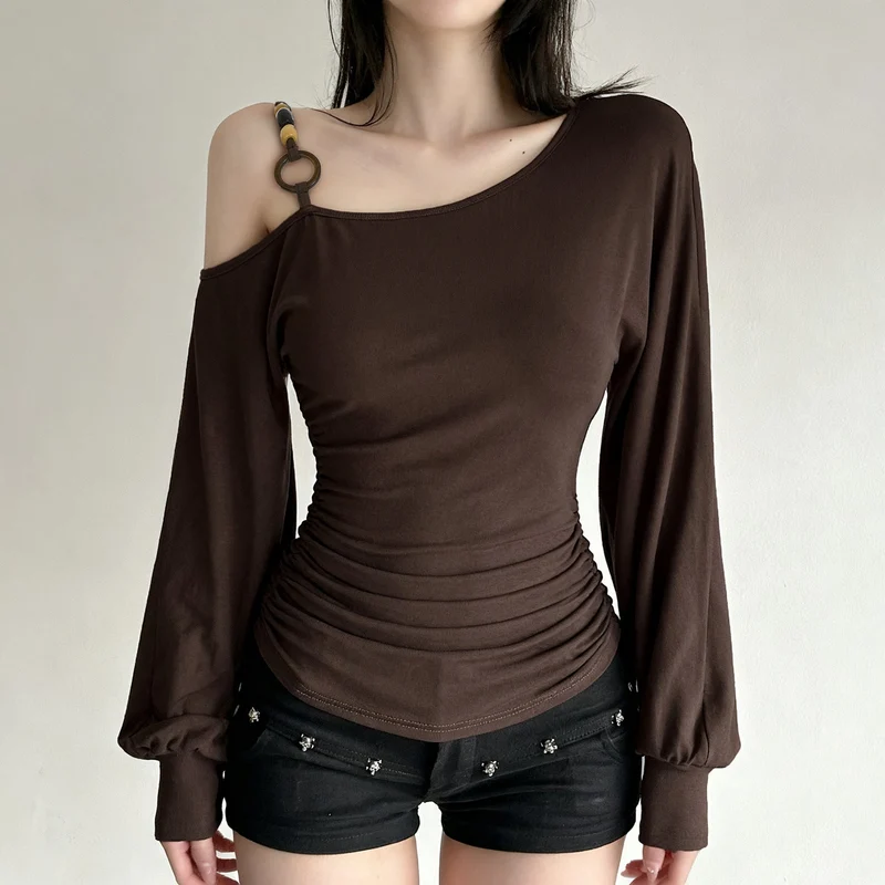 Ruched long sleeve o ring beaded top