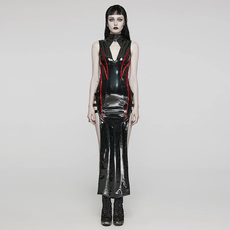 Damen Gothic Cutout Seitenschlitz Schnalle Maxikleid Schwarz-Rot