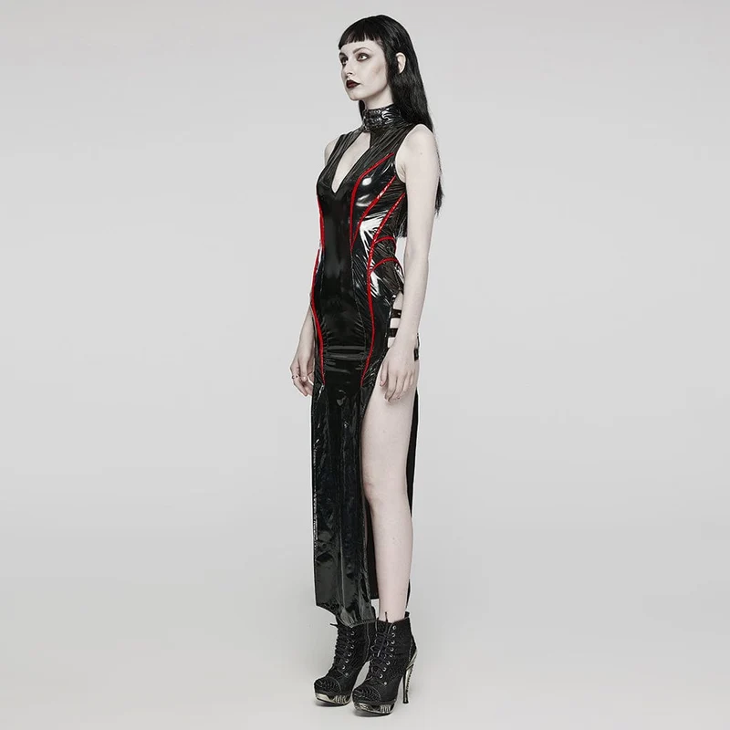 Damen Gothic Cutout Seitenschlitz Schnalle Maxikleid Schwarz-Rot