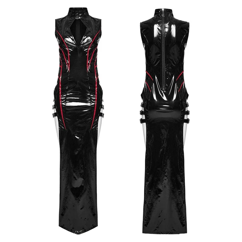 Damen Gothic Cutout Seitenschlitz Schnalle Maxikleid Schwarz-Rot