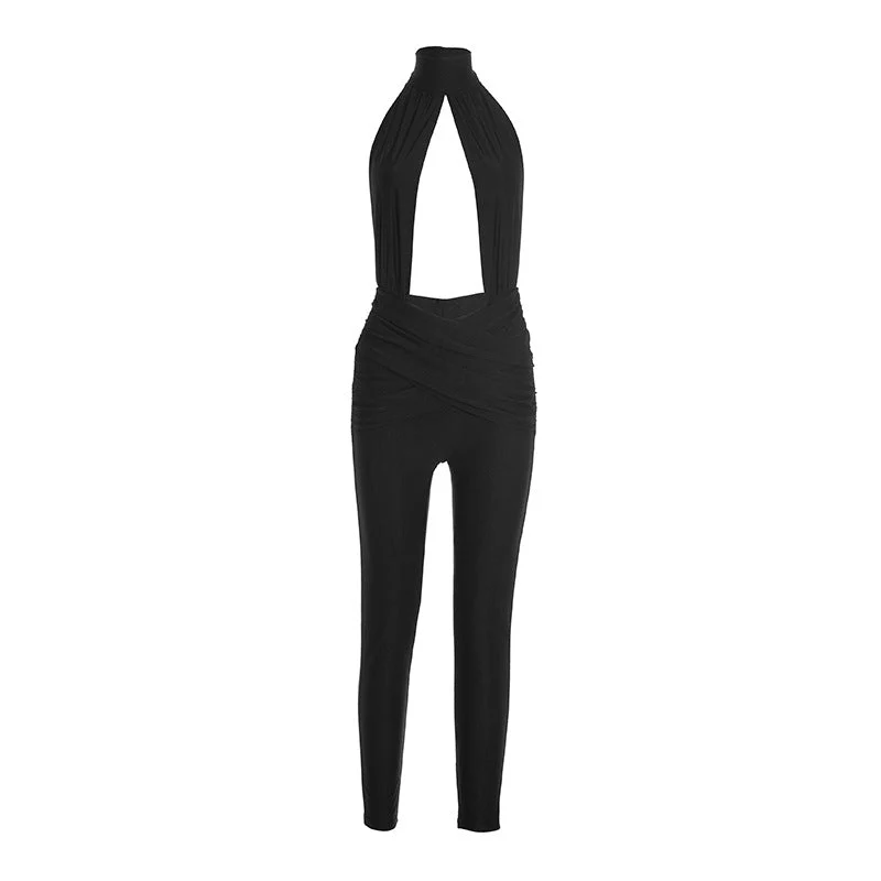 Cut out halter ruched backless jumpsuit