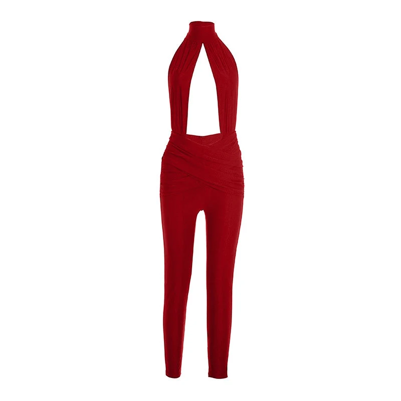 Cut out halter ruched backless jumpsuit