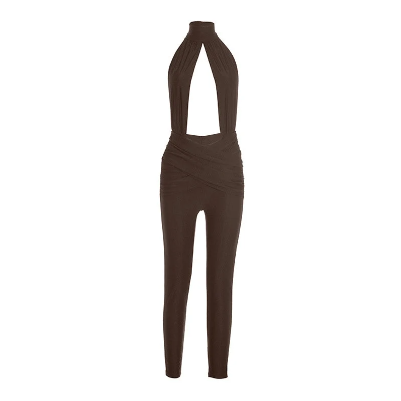 Cut out halter ruched backless jumpsuit