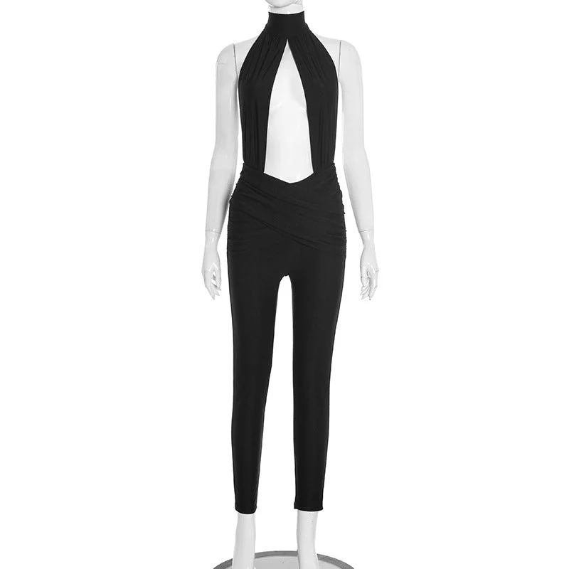 Cut out halter ruched backless jumpsuit