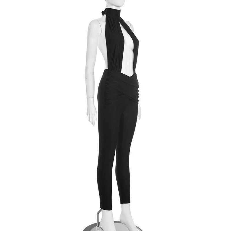 Cut out halter ruched backless jumpsuit