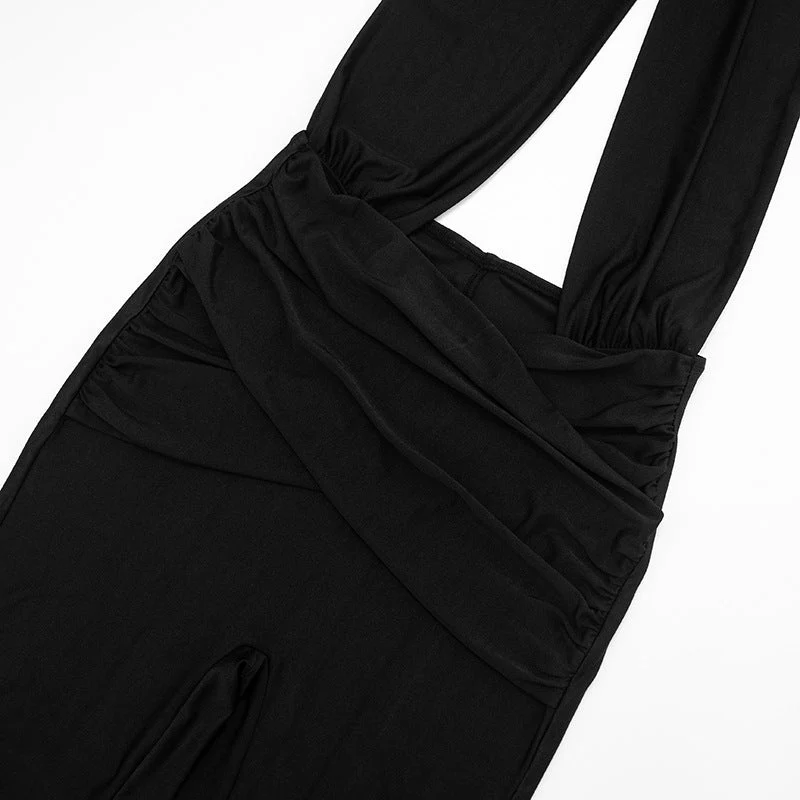 Cut out halter ruched backless jumpsuit