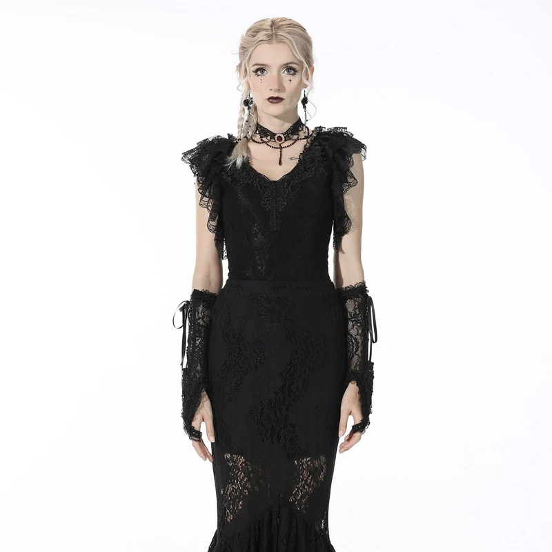 DIL Gothic-Crop-Top für Damen, tief ausgeschnitten, mit Rüschen, schwarz