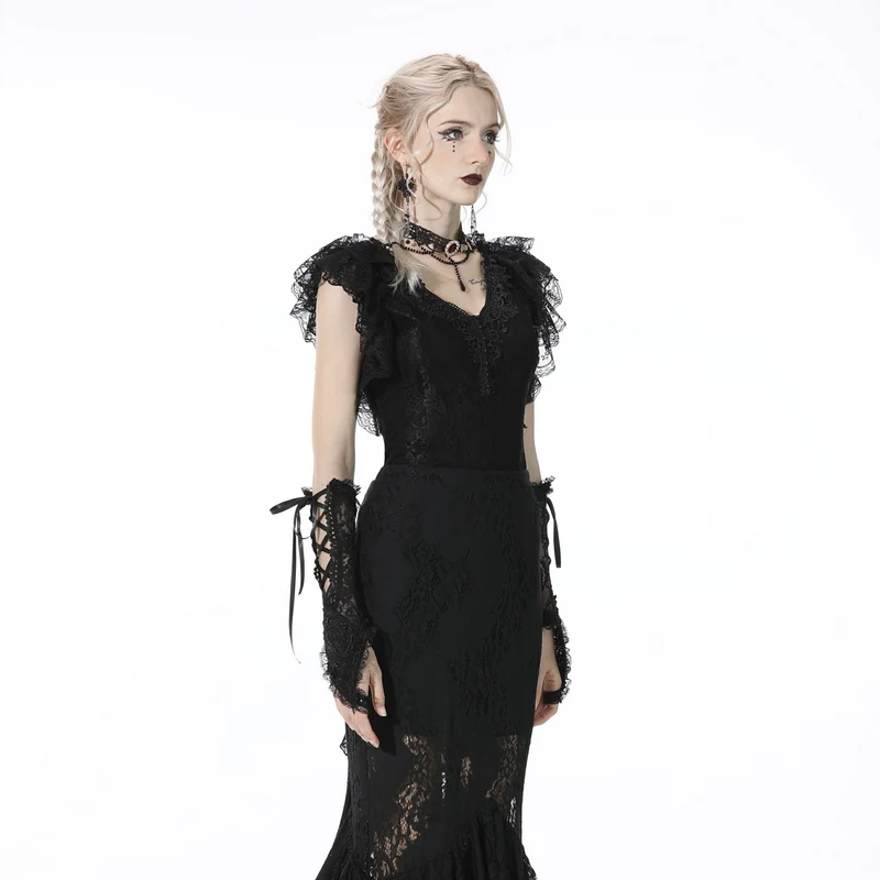 DIL Gothic-Crop-Top für Damen, tief ausgeschnitten, mit Rüschen, schwarz