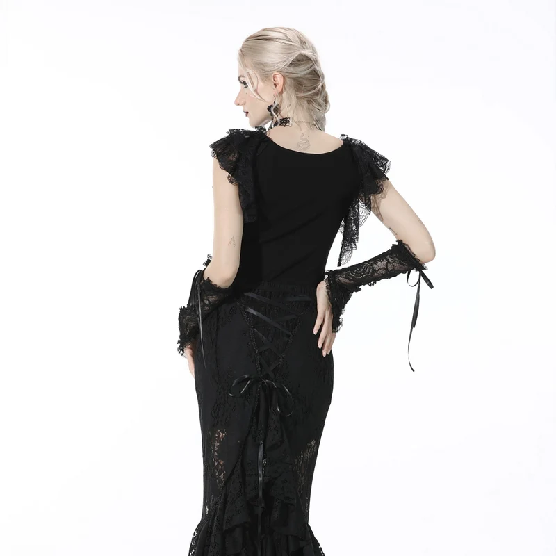 DIL Gothic-Crop-Top für Damen, tief ausgeschnitten, mit Rüschen, schwarz