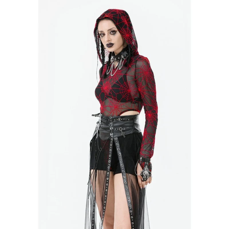 Punk-Maxirock mit hoher Taille und Trägern aus Kunstleder und transparentem Netzstoff für Damen
