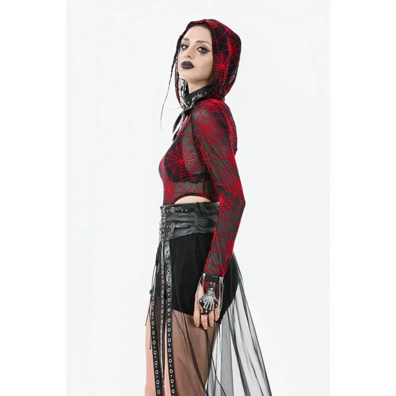 Punk-Maxirock mit hoher Taille und Trägern aus Kunstleder und transparentem Netzstoff für Damen