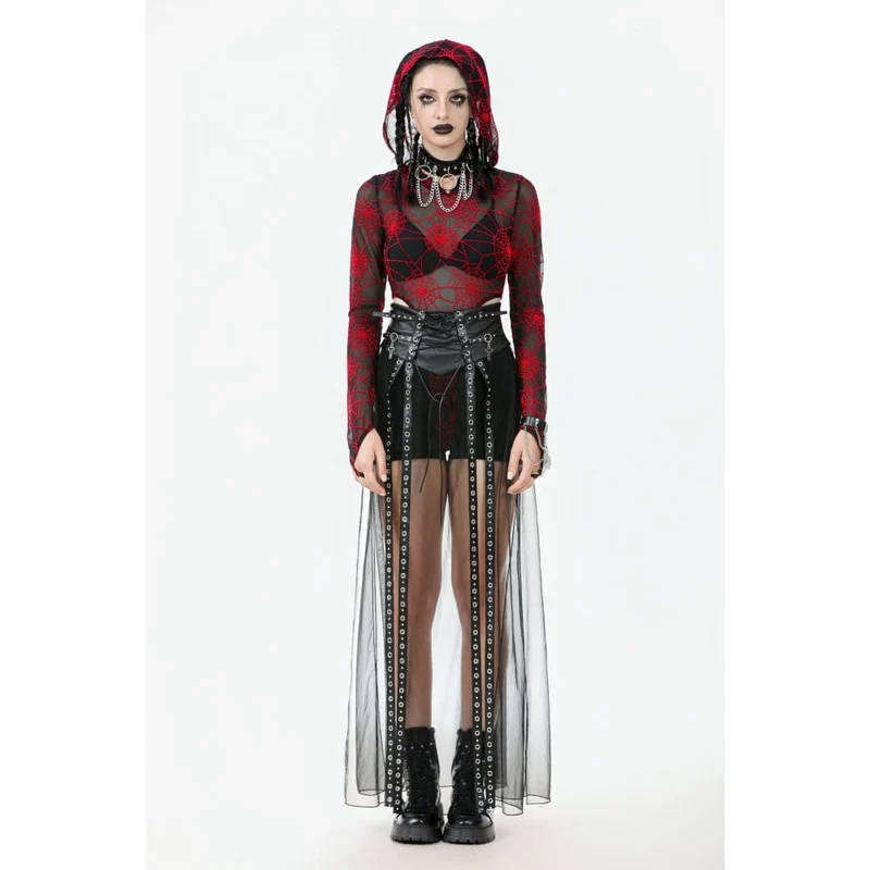 Punk-Maxirock mit hoher Taille und Trägern aus Kunstleder und transparentem Netzstoff für Damen