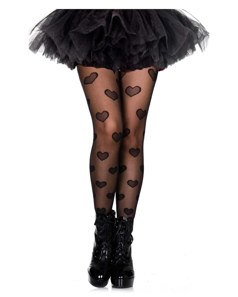 Schwarze Nylonstrumpfhose mit Schwarzen Herzen