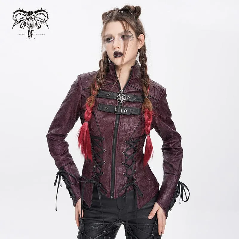 Damen Punk Pentagramm Schnalle Riemen Schnürjacke Rot