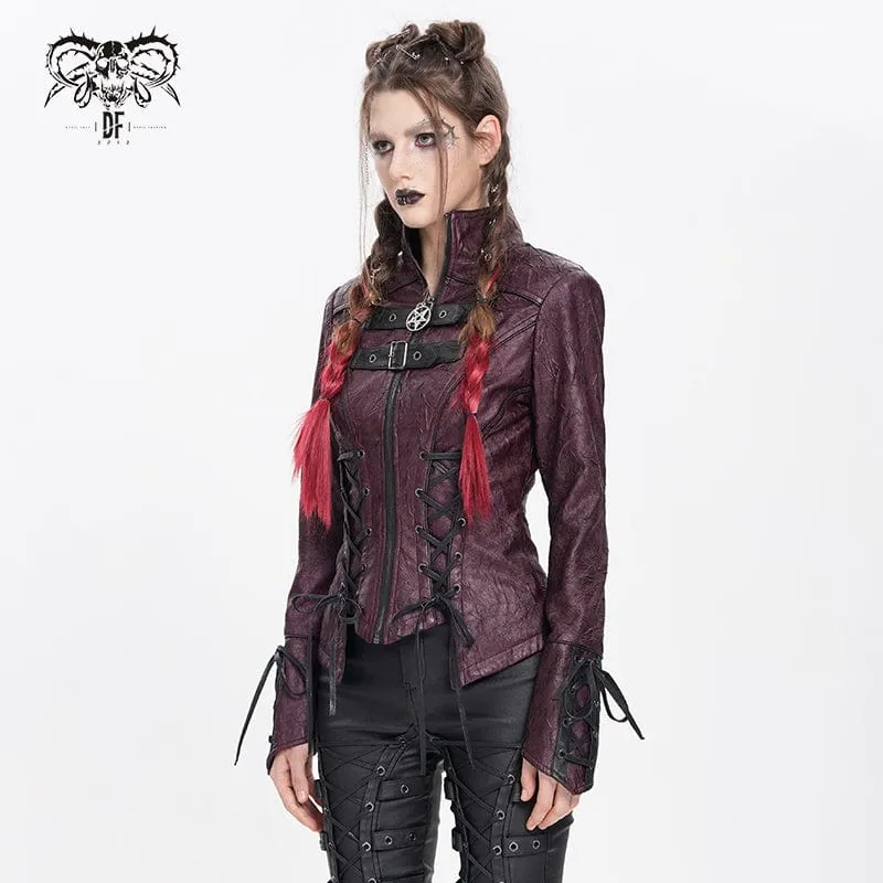 Damen Punk Pentagramm Schnalle Riemen Schnürjacke Rot