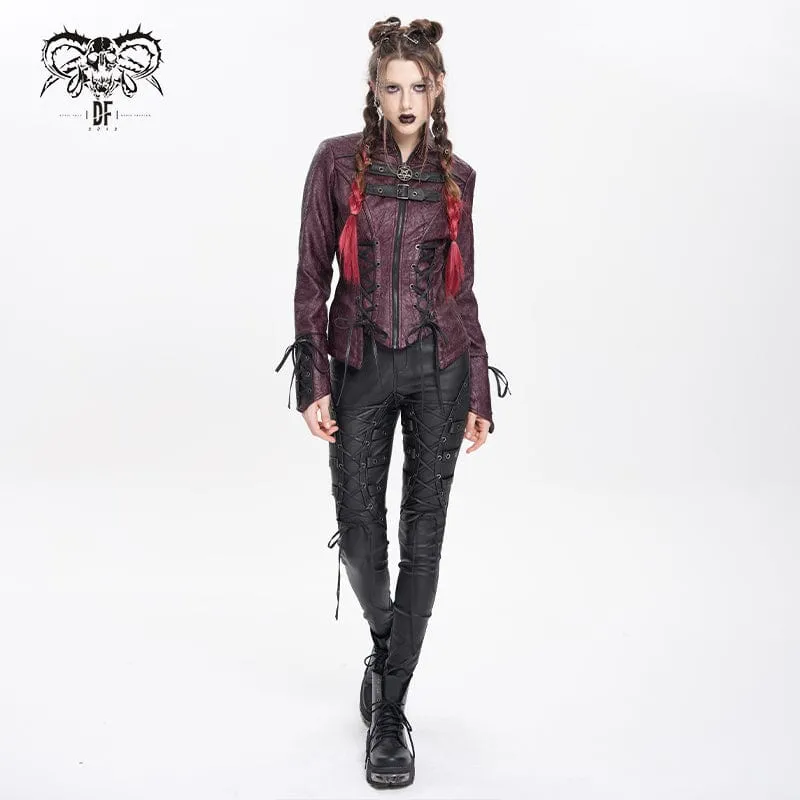 Damen Punk Pentagramm Schnalle Riemen Schnürjacke Rot