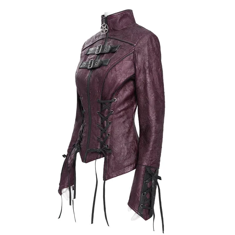 Damen Punk Pentagramm Schnalle Riemen Schnürjacke Rot