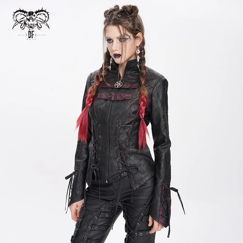 Damen Punk Pentagramm Schnalle Riemen Schnürjacke Schwarz