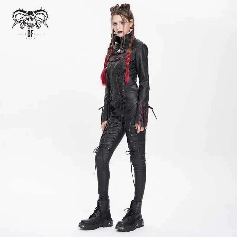 Damen Punk Pentagramm Schnalle Riemen Schnürjacke Schwarz