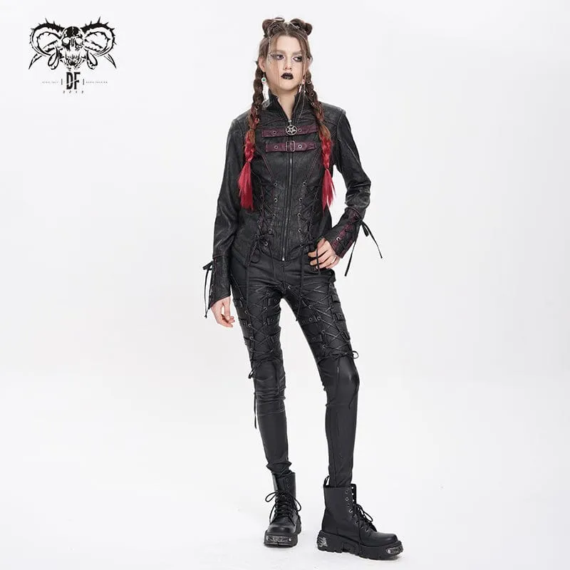 Damen Punk Pentagramm Schnalle Riemen Schnürjacke Schwarz