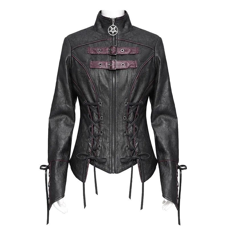 Damen Punk Pentagramm Schnalle Riemen Schnürjacke Schwarz
