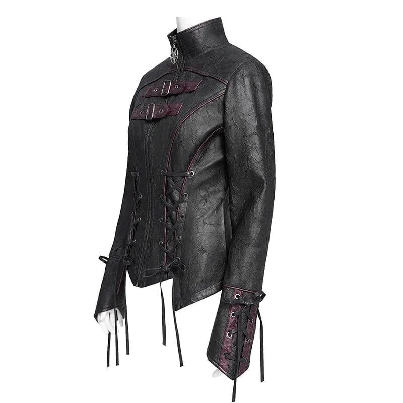 Damen Punk Pentagramm Schnalle Riemen Schnürjacke Schwarz